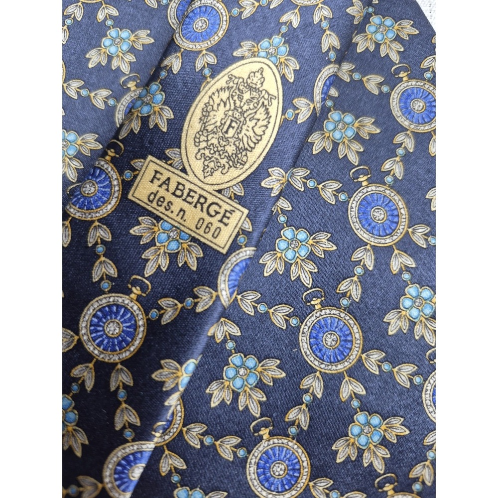 Faberge 100% Silk Necktie Blue Gold Stop/Pocket Watch 4" x 60" Handmade USA EUC